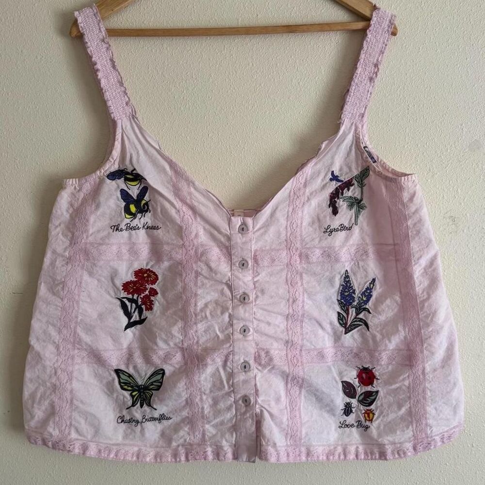 Lyrebird Pink Cottagecore Cotton Sleeveless Embroidered Lace Button Down Top L